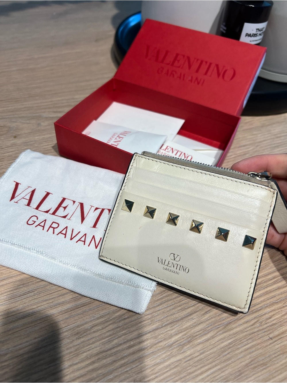 Valentino Cream Leather Rockstud Zip Card Holder